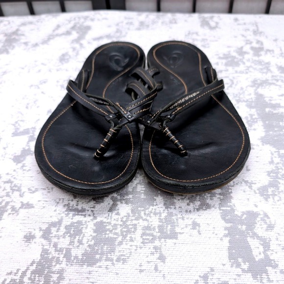 Olukai Ohana Flip Flop Sandals Black Leather Thong Women US 9 EU 39 - Picture 8 of 9